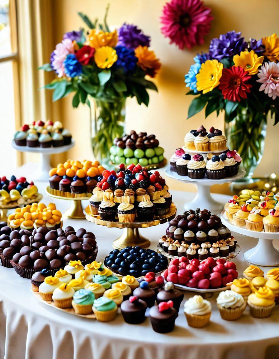 An elegant dessert table filled with an array of colorful, decadent sweet treats like cupcakes, macarons, and chocolate truffles, adorned with fresh fruits and edible flowers, bathed in soft golden light, conveying a sense of joy and indulgence. super-realistic. vibrant colors. bright background.