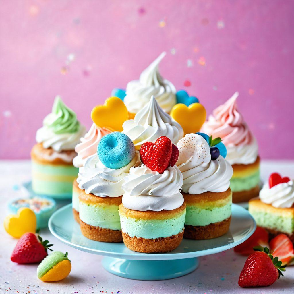 A whimsical dessert scene featuring a variety of colorful desserts topped with fluffy whipped cream, set against a dreamy pastel backdrop. Incorporate elements like sparkles, cheerful faces, and floating hearts to evoke a sense of joy and transformation. Include a soft light illuminating the desserts, suggesting warmth and happiness. Playful and inviting, perfect for uplifting moods. vibrant colors. soft focus.