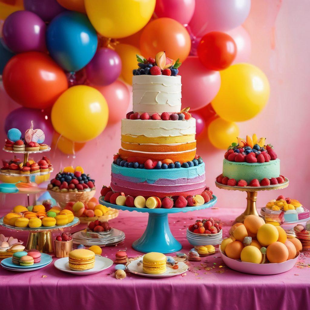 A lavish dessert table overflowing with a variety of colorful desserts, including a towering rainbow cake, macarons, and fruit tarts, all set against a bright, cheerful backdrop. Bright sunlight streaming in, enhancing the vibrant colors and textures of the sweets, with a hint of whimsical decorations like confetti and balloons. super-realistic. vibrant colors. cheerful ambiance.